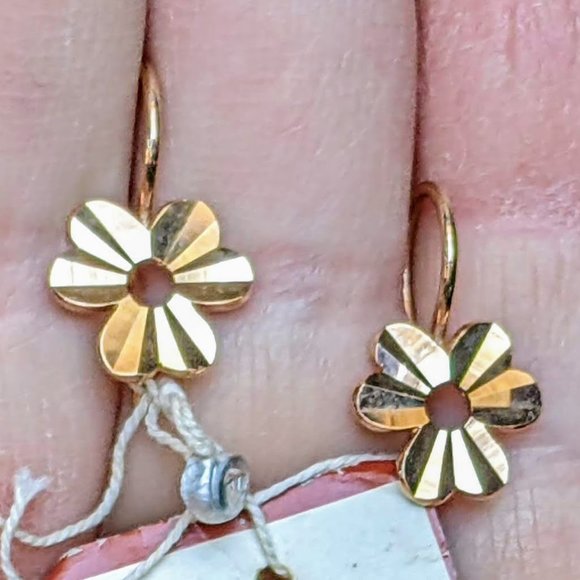 NOS Russian USSR 14K 585 Rose Pink Gold Diamond Cut Open Flower Dangle EARRINGS - Picture 4 of 6